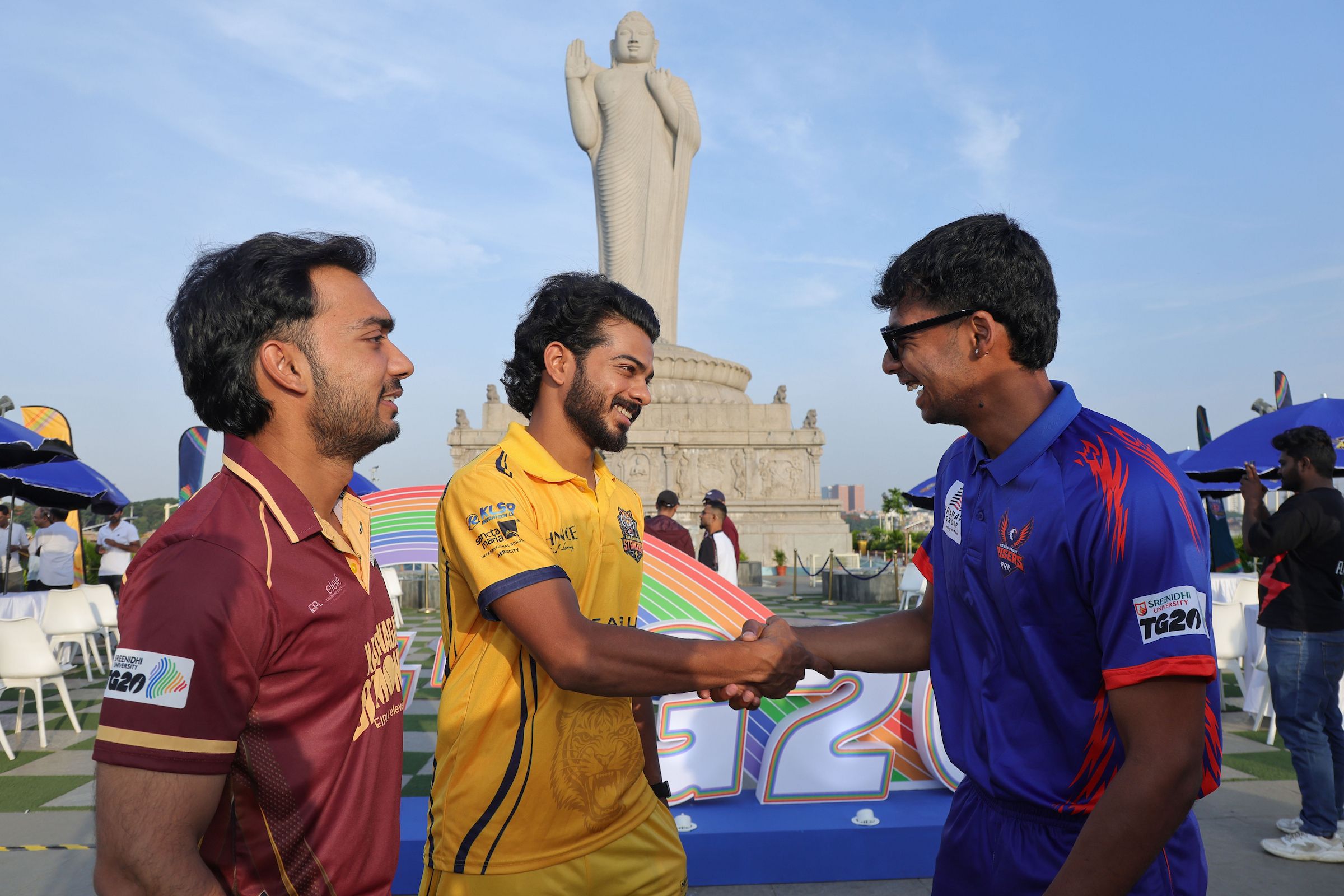 Tanmay Agarwal, Captain of EIPL and Eleve Karimnagar Diamonds ,Pragnay Reddy, Captain of Palamuru Strikers and Tanay Thyagarajan, Captain during the Captains Photo Shoot in Hyderabad, India, on June 17, 2026.